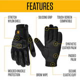Black gloves with features highlighted on a yellow and white background