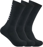 Three pairs of black socks with a brand logo on a white background