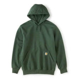 A dark green pullover hoodie with a small Carhartt logo patch on the front pocket, displayed against a plain white background.