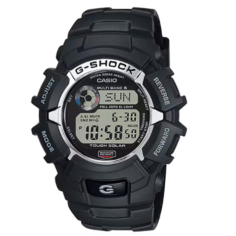 Black Casio G-Shock digital watch on a white background