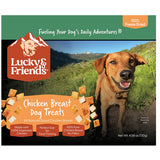 Lucky & Friends Chicken Breast Dog Treats packaging, featuring a brown dog on a mountain trail and product graphics, with '100% Freeze Dried' and 'Net Wt. 4.