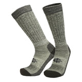 Pair of gray socks with black toes and cuffs on a white background