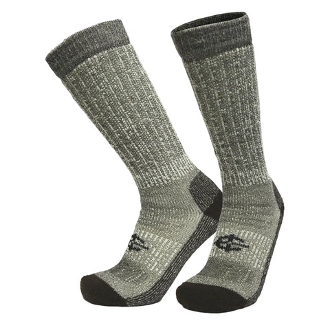 Pair of gray socks with black toes and cuffs on a white background