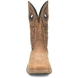 Brown cowboy boot with intricate design on a white background