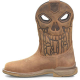 Brown cowboy boot with skull design on a white background