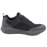 A black DoLife men's athletic shoe with a soft toe and a lace-up closure. It features a mesh upper material and a rubber outsole.