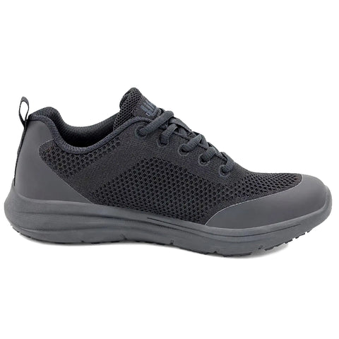 A black DoLife men's athletic shoe with a soft toe and a lace-up closure. It features a mesh upper material and a rubber outsole.
