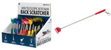 A retail display box containing multiple mini telescopic keychain back scratchers, alongside one larger individual back scratcher with a red handle and metal claw attachment, on a white background.