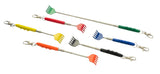 Six long-handled grooming rake tools with colorful ergonomic handles and metal snap hooks, arranged diagonally on a plain white background.