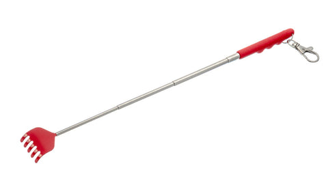 A red and silver retractable garden rake with a metal clip on the handle, shown on a plain white background.