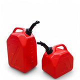 Two red plastic jerry cans with black nozzles on a white background