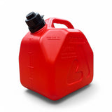 Red plastic fuel canister with black cap on a white background