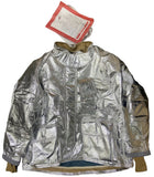 Reflective silver jacket with brown accents on a white background