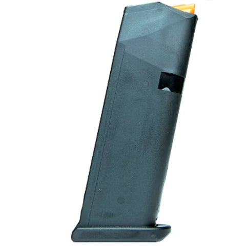 A black polymer magazine with a small orange tip visible at the top, shown on a plain white background.