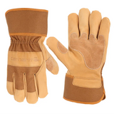 Pair of brown leather gloves with Carhartt logo on a white background