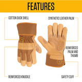 Brown work gloves with labeled features on a white background