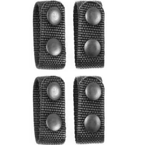 Four black woven straps with button fasteners on a white background