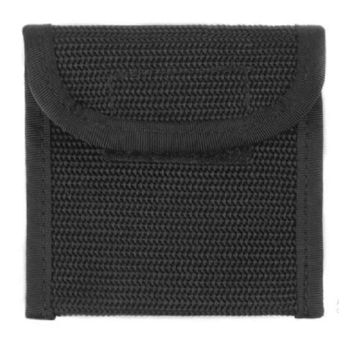 Black woven pouch on a white background