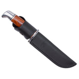 Knife with wooden handle and black sheath on a white background
