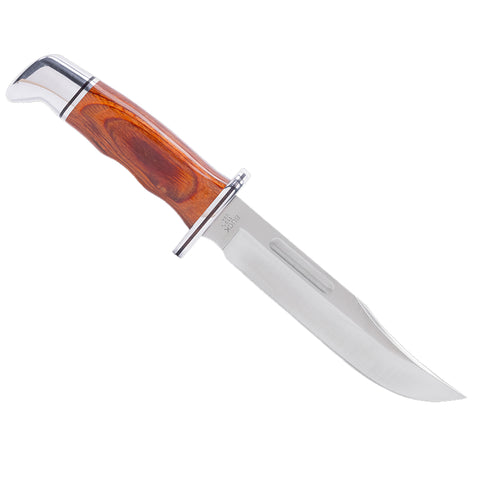 Knife with wooden handle and metal blade on a white background
