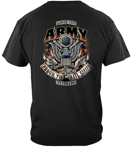 Black t-shirt with Army logo and text on a white background