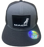 Gray and black trucker hat with Mack logo on a white background