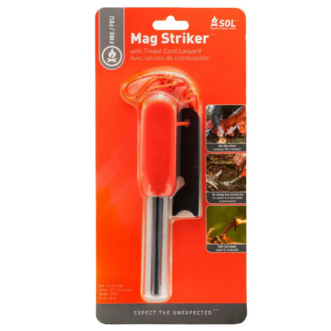 Mag Striker fire starter tool packaging with orange background