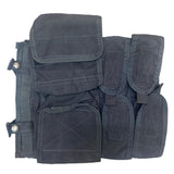 Black tactical vest with multiple pouches on a white background