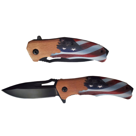 Folding knife with American flag design on a white background