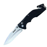 A RUKO tactical folding knife with a black handle and a partially serrated blade.