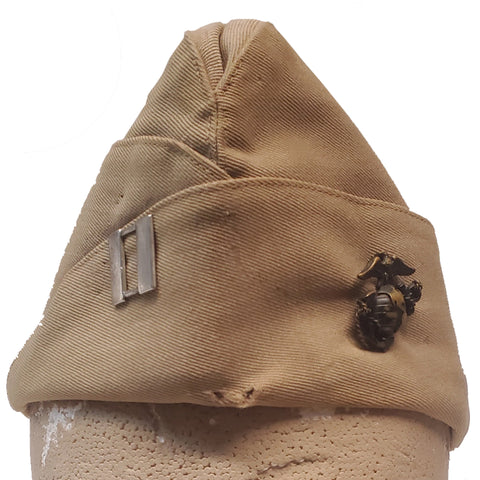 WWII Men's USMC Khaki Garrison Cap w/Captain Rank Insignia (7762)