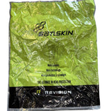 A crinkled lime green and black plastic protective pouch or bag with visible branding. The top portion is bright lime green with the text 'SATLSKIN' and a small logo, while the bottom section is black with the text 'REVISION' and a small yellow mark.