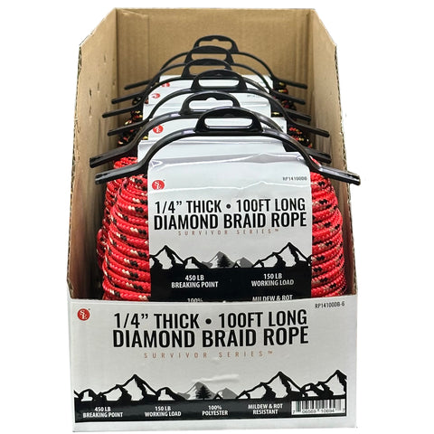 SE 100'x1/4" Diamond Braid Polyester Rope, 450Lbs Breaking Strength/150 LBS Working Load (RP14100DB-6)