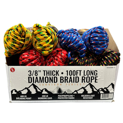 SE 100'x3/8" Thick Diamond Braid Polyester/Polypropylene Blend Rope - Various Colors (RP38100DB-12)