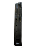 A black magazine or grip component with molded vertical ridges and small holes, photographed upright on a plain light background.