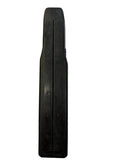 A black magazine or grip component with molded markings, shown vertically against a light gray background.