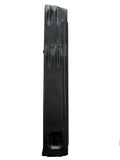 A black magazine or component with a rectangular cutout at the bottom, photographed vertically against a plain light gray background.
