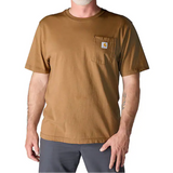 Man wearing a brown t-shirt with a visible brand logo on a white background