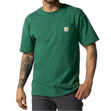 Man wearing a green t-shirt with a visible brand logo on a white background