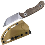 Folding knife with brown handle and tan sheath on a white background
