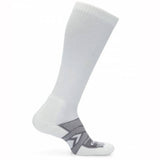 A single white over-calf sock with maximum cushioning, featuring a gray THORLO logo near the ankle.