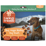 Lucky & Friends Beef Organ Medley Dog Treats in a 4.58 oz resealable bag, featuring a brown dog on the packaging against a snowy mountain background.