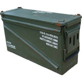A military-style green metal ammunition storage box with white printed text and reinforced corners, shown on a plain white background.