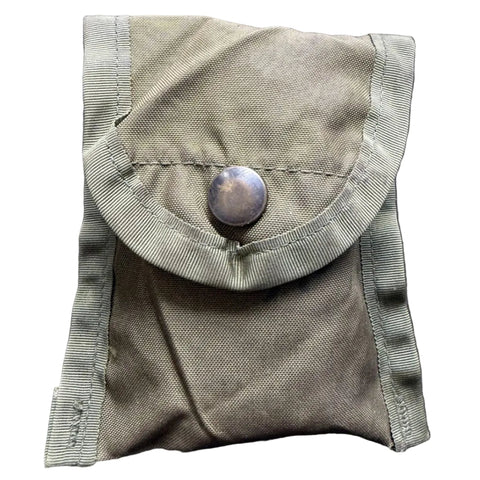 A small olive drab canvas pouch with a flap closure secured by a round metal snap button, shown against a plain white background.