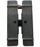 A dark gray metal door stopper or clamp fixture with a threaded rod visible in the center, isolated on a white background.