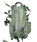 An olive green tactical litter cary pack laid flat showing its straps, side webbing, and central zipper.