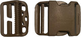 Two brown plastic buckles side by side on a white background