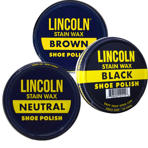 Three containers of Lincoln stain wax shoe polish in brown, black, and neutral on a white background.