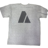 Gray t-shirt with a black triangle logo on the back against a white background