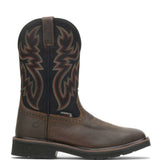 Brown cowboy boot with intricate stitching on a white background